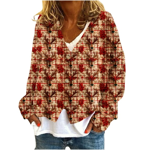 Women's Christmas Button Down Cardigans Casual Christmas Print Long Sleeve V-Neck Cardigans Tops