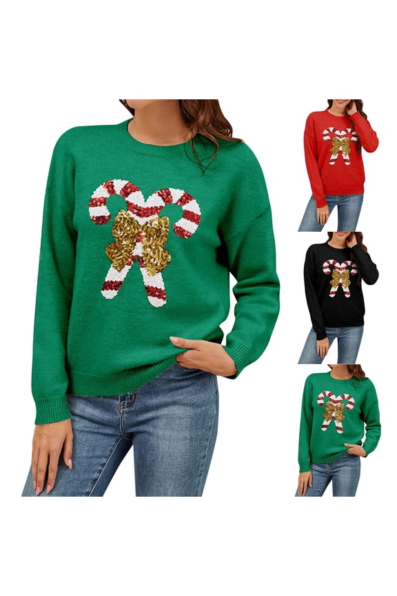 Women's Christmas Cane Bow Sequin Pullover Sweater Round Neck Long Sleeve Knit, Festive and Sparkly, Ideal for Holiday Parties and Celebrations,Red,M