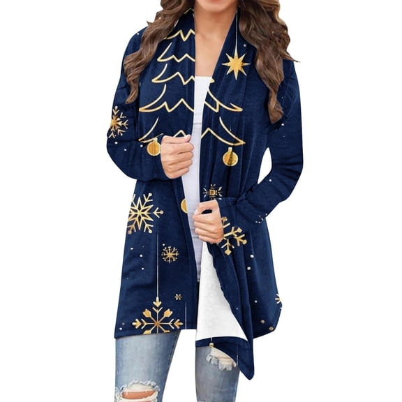 Women's Christmas Cardigan Sweater Long Sleeve Lightweight Casual Plaid Knit Open Front Holiday Top Xmas Tree