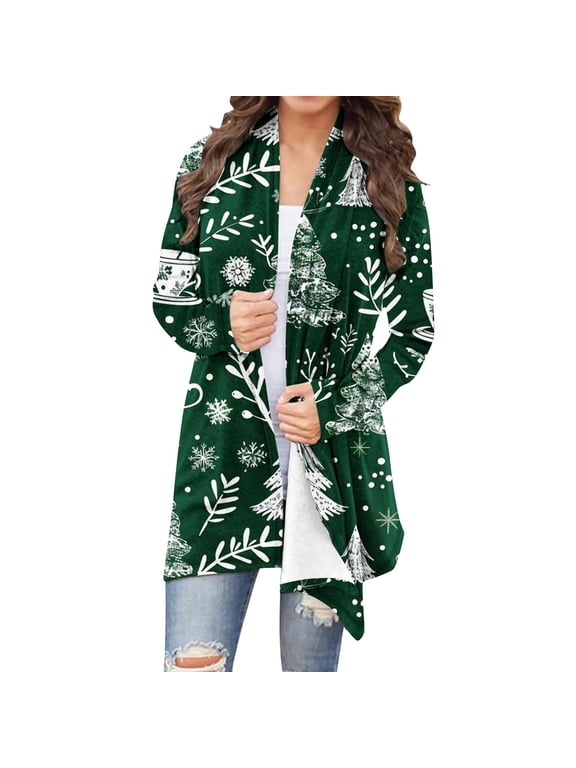 Women's Christmas Cardigan Sweater Open Front Holiday Xmas Tree Printed Ugly Christmas Blouse Plus Size Coat Top