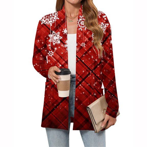 Women's Christmas Cartoon Character Printed Lightweight Cardigan, Long Sleeved Casual Loose Thin Fit Jacket with Pockets for Fun Festive Apparel,Wine,L