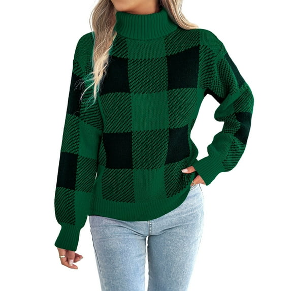 Women's Christmas Casual Color Block Plaid Long-Sleeved Turtleneck Sweater for Holiday Festive Wear and Casual Comfort,Dark Green,L