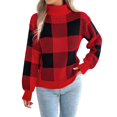 thumbnail image 1 of Women's Christmas Casual Color Block Plaid Long-Sleeved Turtleneck Sweater for Holiday Festive Wear and Casual Comfort,Red,S, 1 of 8