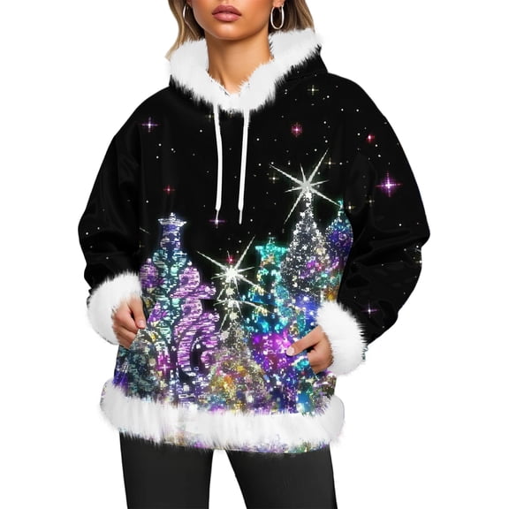 Women's Christmas Casual Fleece-Lined Hoodie with Long Sleeves and Pockets Sweatshirt Top with Snowflake Print for Winter Season and Holiday Style,Black,S