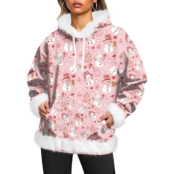 Women's Christmas Casual Fleece-Lined Hoodie with Long Sleeves and Pockets Sweatshirt Top with Snowflake Print for Winter Season and Holiday Style,Pink,XL