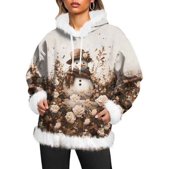 Women's Christmas Casual Fleece-Lined Hoodie with Long Sleeves and Pockets Sweatshirt Top for Holiday Comfort