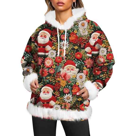 Women's Christmas Casual Fleece-Lined Hoodie with Long Sleeves and Pockets Sweatshirt Top for Holiday Comfort