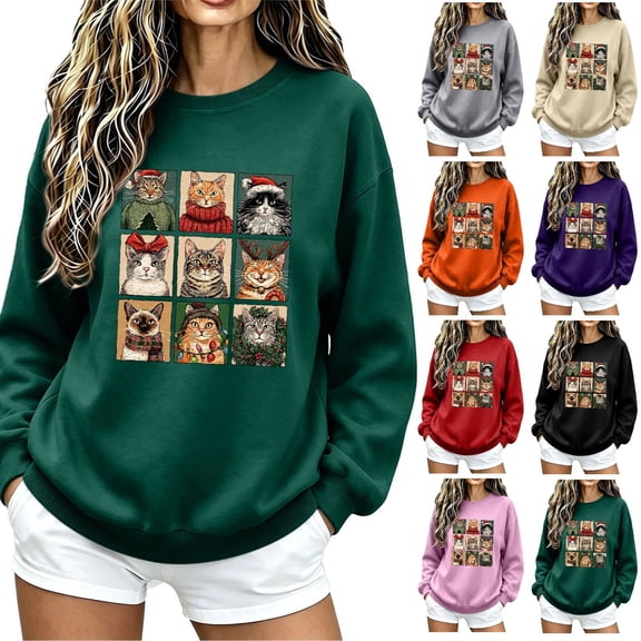 Women's Christmas Cat Graphic Sweatshirt Crew Neck Long Sleeve Casual Pullover Top