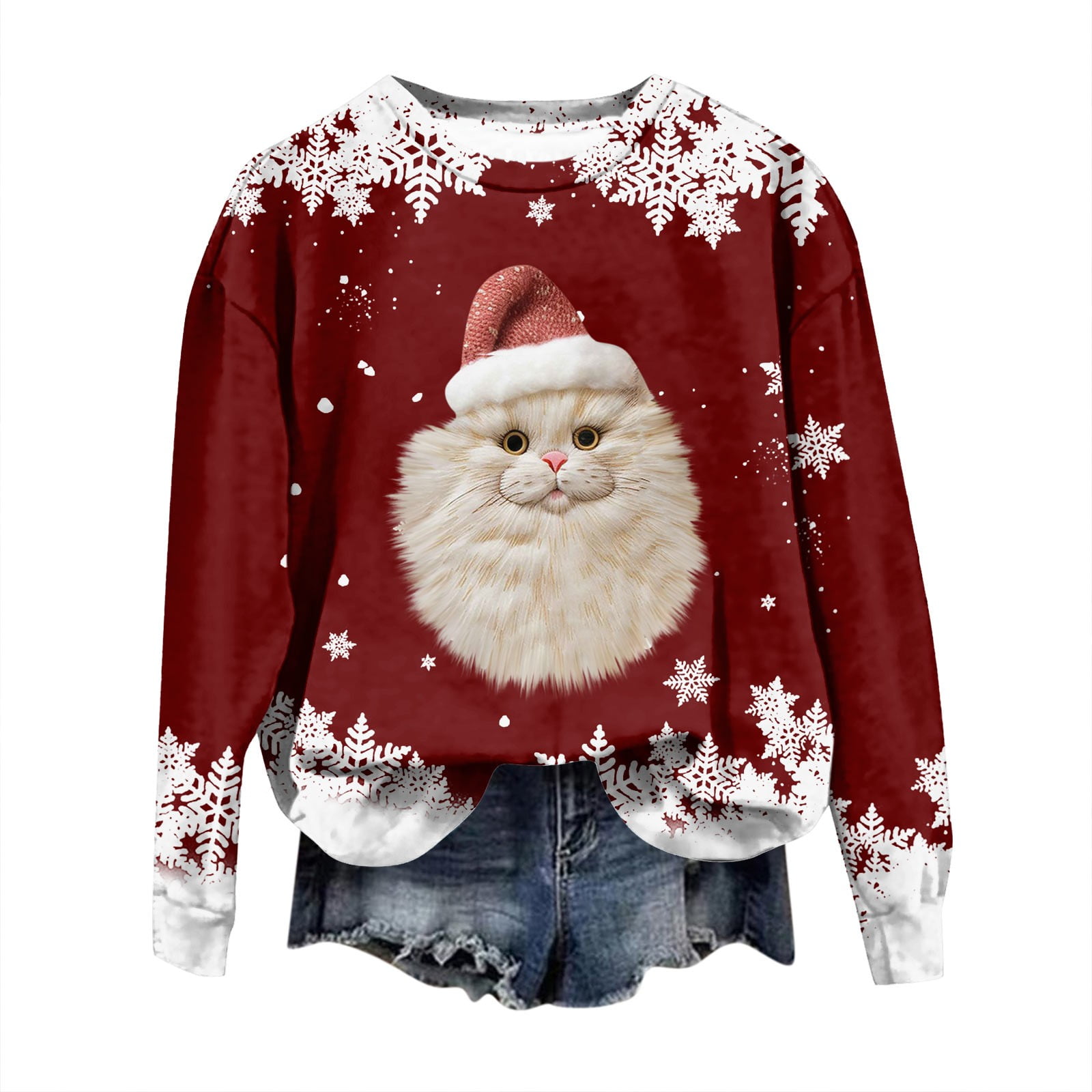 Women's Christmas Cat Sweatshirt Cozy Santa Hat Kitty Print Long