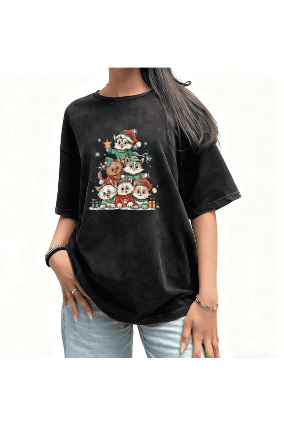 Women's Christmas Cat Tree Graphic T Shirt Casual Festive Graphic Top Breathable Black S-2XL Plus Size