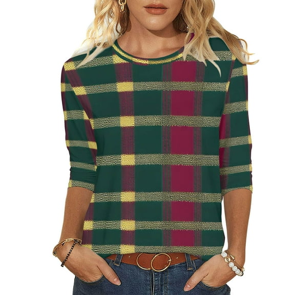 Women's Christmas Checked Sweatshirts Funny Christmas Elk Print Blouses Thermal Lounge Warm Blouses Relaxed Fit Pullover Sweater Blouse 3/4 Sleeve Christmas Outfits