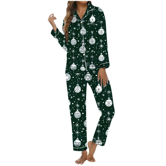 Women's Christmas Christmas Printed Button Pocket Long Sleeve Trousers Home Pajama Set