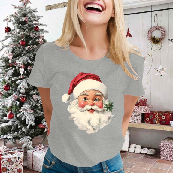 Women's Christmas Classic Santa Print Round Neck Short Sleeve T Shirt Womens Tops Tee Shirts T Shirts Spandex Womens Shirts Short Sleeve Womens Casual Tees Women Short Sleeve Shirts Raglan Shirts for