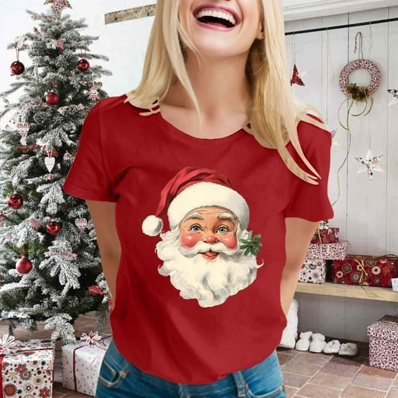 Women's Christmas Classic Santa Print Round Neck Short Sleeve T Shirt Womens Tops Tee Shirts T Shirts Spandex Womens Shirts Short Sleeve Womens Casual Tees Women Short Sleeve Shirts Raglan Shirts for
