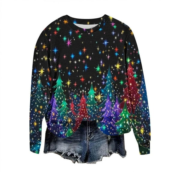 Women's Christmas Clothing Loose Graphic Sweatshirt Crewneck Long Sleeve Xmas Holiday Festive Tops for Women (XL, Multicolor)