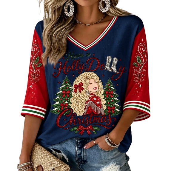 Women's Christmas Country Legend Tee Graphic 3/4 Sleeve V Neck Tops Country Singer T-Shirt for Fans Memorial Gift Apparel,(M)