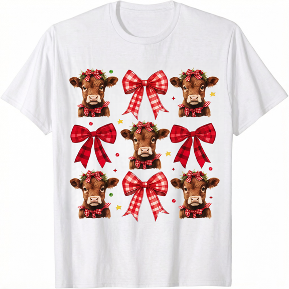 Women's Christmas Cow & Bow Print Drop Shoulder Tee, Casual Half Sleeve Round Neck T-shirt for Christmas, Women's Top for Daily Wear