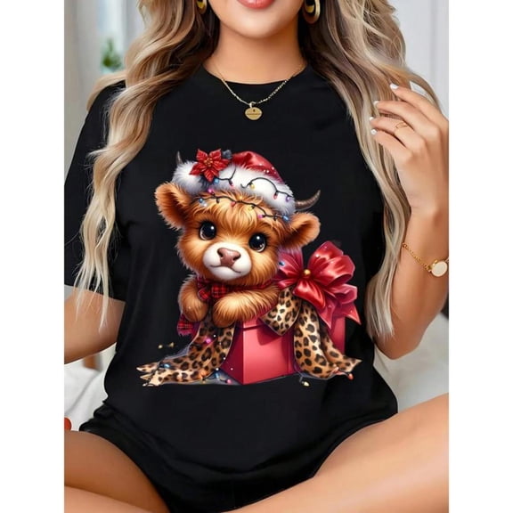 Women's "Christmas Cow In Gift Box" Graphic Cotton T Shirt Casual Breathable Short Sleeve Round Neck Top Black S-5XL