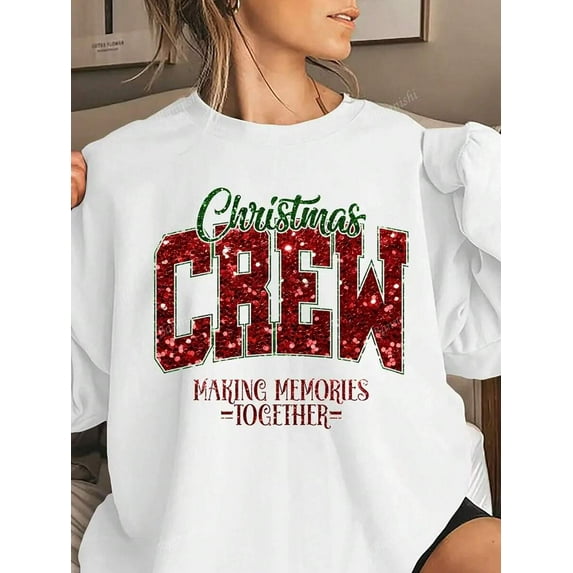 Women's Christmas Crew Matching Family Letter Print Sweatshirt - Glitter Red Holiday Design, Cozy Round Neck Casual Pullover, Machine Washable Medium Stretch For Autumn Winter Family Gatherings, Fami