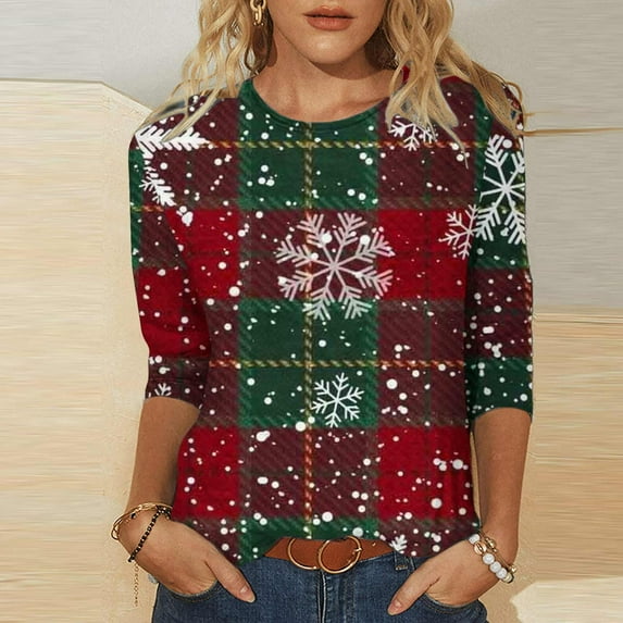 Women's Christmas Crew Neck 3/4 Sleeve T-Shirt Top,Christmas Tops 3/4 Sleeve Shirts for Women Crew Neck Xmas Print Graphic Tees Blouses Casual Plus Size Basic Tops