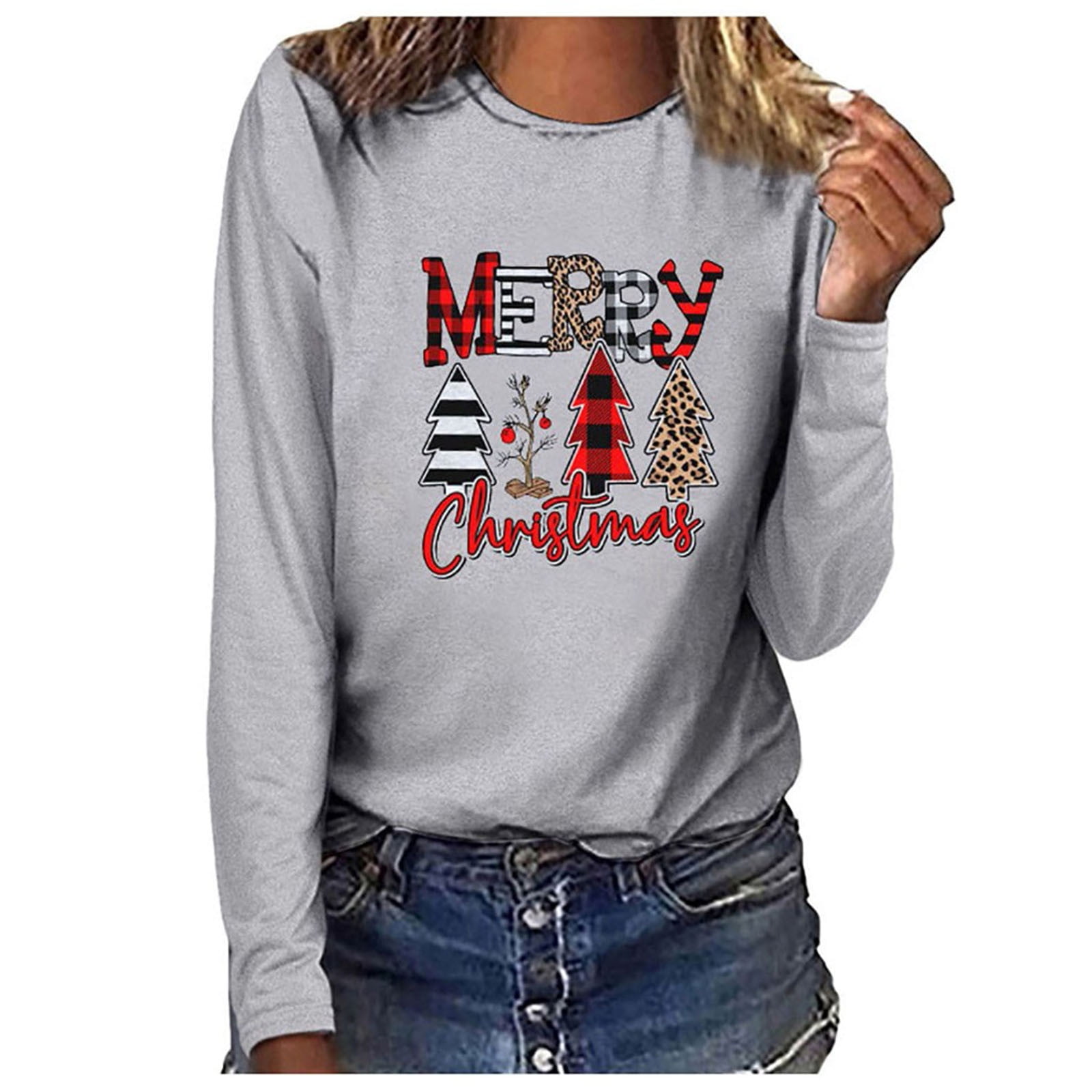 Women's Christmas Crew Neck Long Sleeve Tops，Christmas Tops for Women