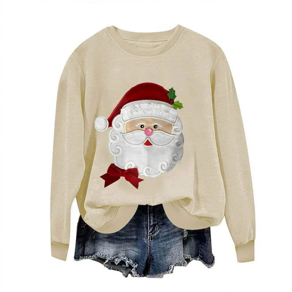 Women’s Christmas Crewneck Sweatshirt Loose Fit Long Sleeve Holiday Pullover Cute Santa Graphic Top Festive Fall Winter Graphic Tee for Seasonal Celebrations