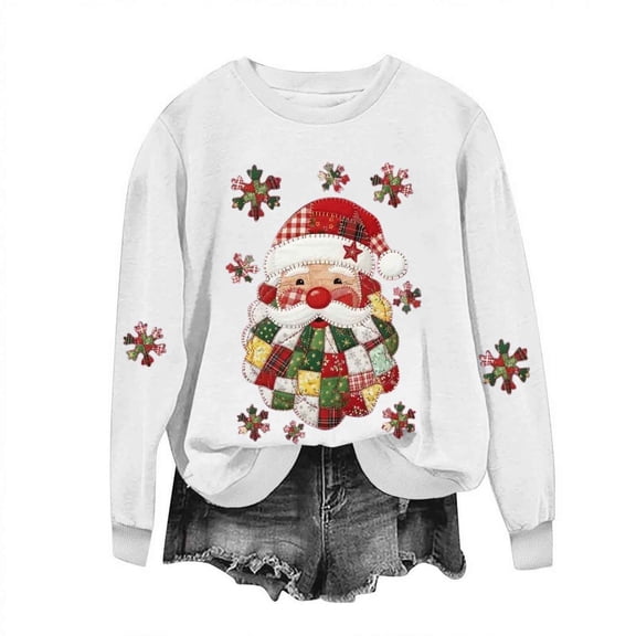 Women’s Christmas Crewneck Sweatshirt Loose Fit Long Sleeve Holiday Pullover Cute Santa Graphic Top Festive Fall Winter Graphic Tee for Seasonal Celebrations
