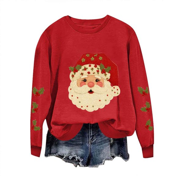 Women’s Christmas Crewneck Sweatshirt Loose Fit Long Sleeve Holiday Pullover Cute Santa Graphic Top Festive Fall Winter Graphic Tee for Seasonal Celebrations