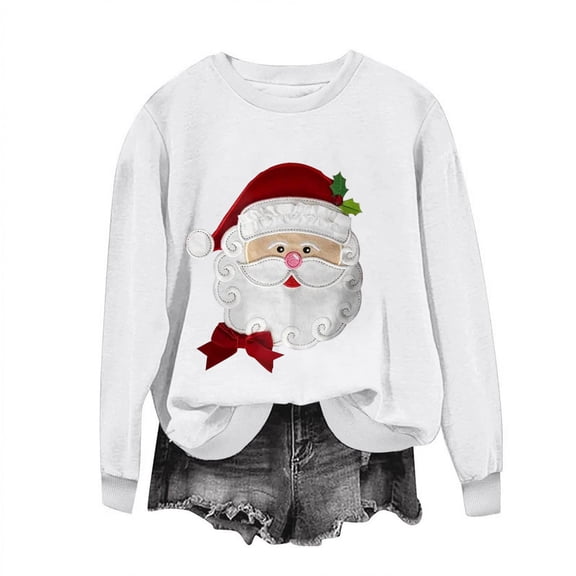 Women’s Christmas Crewneck Sweatshirt Loose Fit Long Sleeve Holiday Pullover Cute Santa Graphic Top Festive Fall Winter Graphic Tee for Seasonal Celebrations