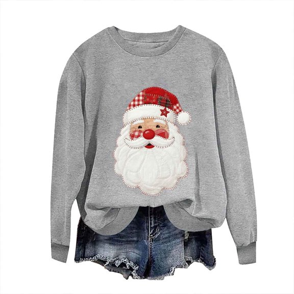 Women’s Christmas Crewneck Sweatshirt Loose Fit Long Sleeve Holiday Pullover Cute Santa Graphic Top Festive Fall Winter Graphic Tee for Seasonal Celebrations