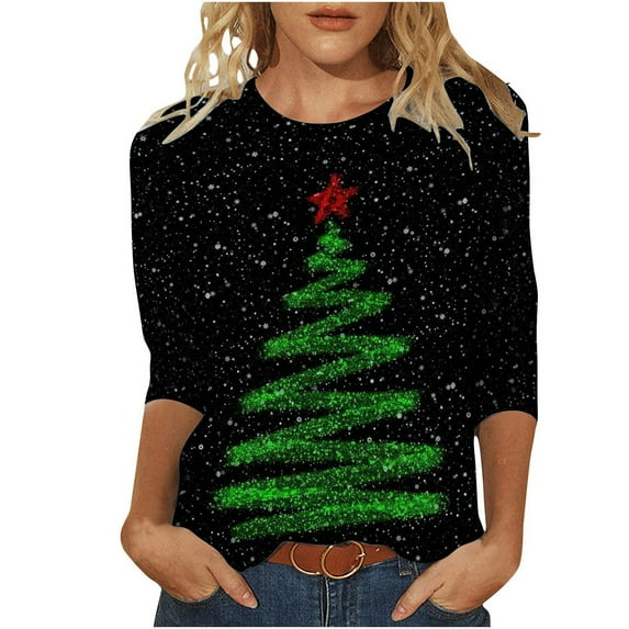 Women's Christmas Cute Winter Print Loose Tops Plus Size 3/4 Sleeve Crewneck Lightweight Oversized Shirts (2XL, E Black)