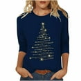 thumbnail image 1 of Women's Christmas Cute Winter Print Loose Tops Plus Size 3/4 Sleeve Crewneck Lightweight Oversized Shirts (L, Navy), 1 of 5