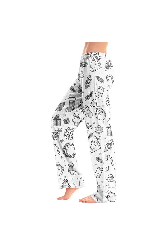 Women's Christmas DIY Hand-Painted Graffiti Print Pajama Pants - Colorable Milk Silk Brushed Comfy Home Sleepwear Trousers, White Size XL
