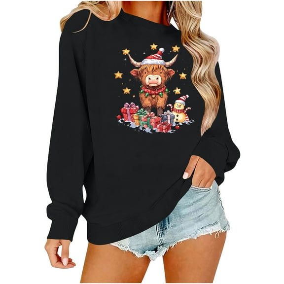 Women's Christmas Dairy Cow Graphic Sweatshirt - Cute Xmas Lights Santa Hat Pullover, Cotton Blend Ugly Christmas Pajama Style Top