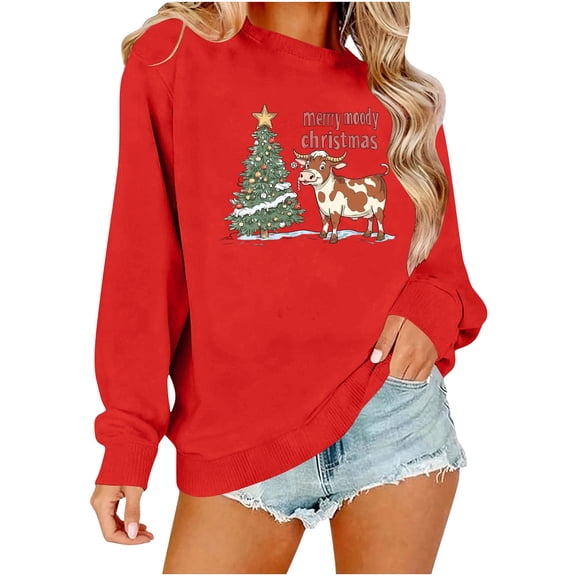Women's Christmas Dairy Cow Graphic Sweatshirt - Cute Xmas Lights Santa Hat Pullover, Cotton Blend Ugly Christmas Pajama Style Top