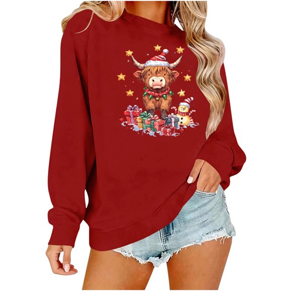 Women's Christmas Dairy Cow Graphic Sweatshirt - Cute Xmas Lights Santa Hat Pullover, Cotton Blend Ugly Christmas Pajama Style Top