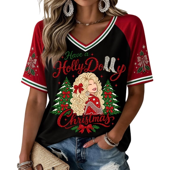 Women's Christmas Dolly Shirts Graphic Short Sleeve V Neck Tee Nashville Western T-Shirt for Fans Memorial Gift Apparel,(XXXL)