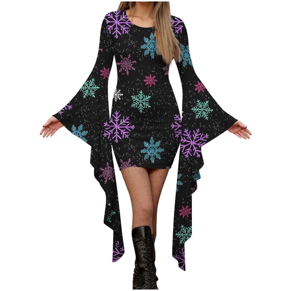 Women's Christmas Dress Crewneck Printed Long Batwing Sleeve Holiday Mini skirt Purple-1 S