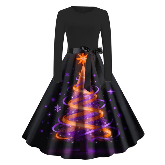 Women's Christmas Dress Long Sleeve Crewneck Printed A Lined Evening Skirt Red 2XL