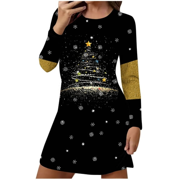 Women's Christmas Dress Long Sleeve Crewneck Printed Pullover Mini Home Pjs Skirt Black-2 L