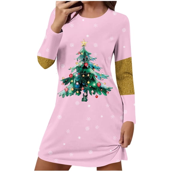 Women's Christmas Dress Long Sleeve Crewneck Printed Pullover Mini Home Pjs Skirt Pink-1 M