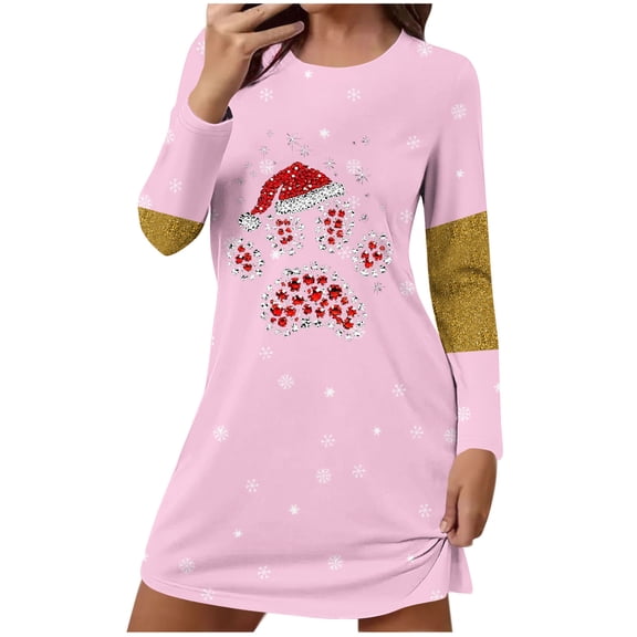 Women's Christmas Dress Long Sleeve Crewneck Printed Pullover Mini Home Pjs Skirt Pink XL