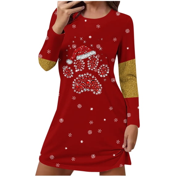 Women's Christmas Dress Long Sleeve Crewneck Printed Pullover Mini Home Pjs Skirt Red L