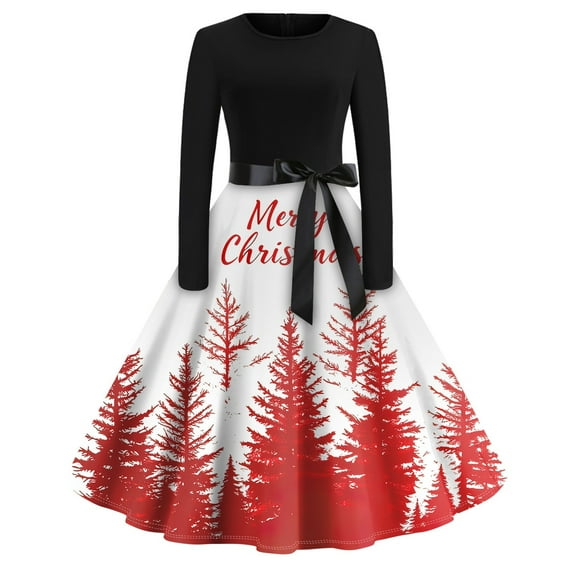 Women's Christmas Dress Long Sleeve Vintage A-Line Holiday Party Dress with Reindeer and Tree Print