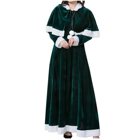 Women's Christmas Dresses Long Velvet Dress Crewneck Hooded Santa Outfits with Shawl Cape Green S