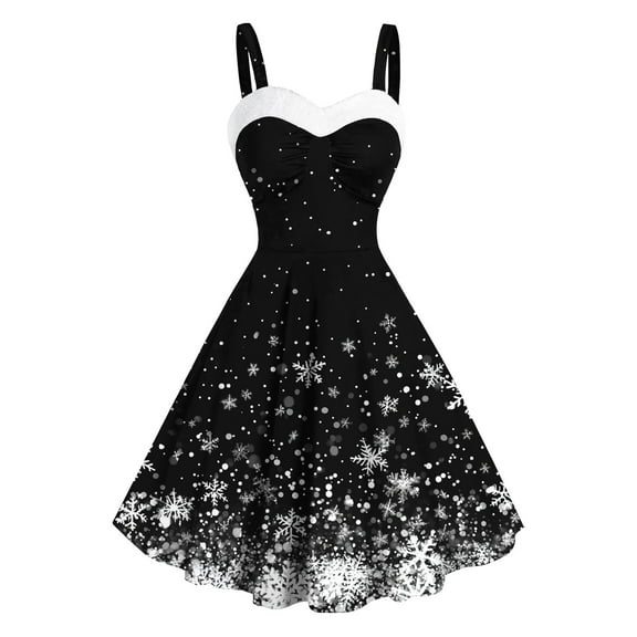 Women's Christmas Dresses - Retro Ladies Dresses, Womens Vintage Christmas Dress Xmas Snowflake Print Dresses Sleeveless Tunic Pleated Dress