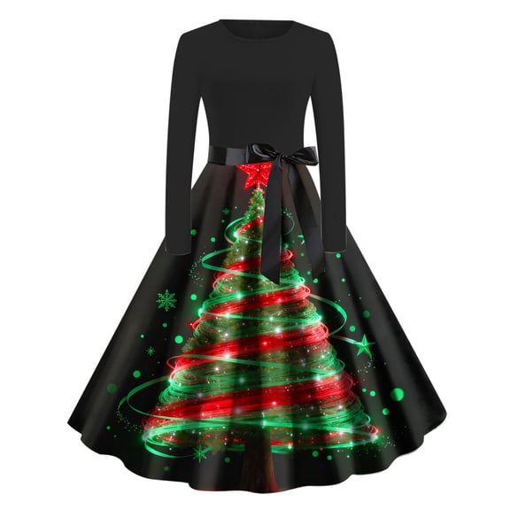 Women's Christmas Dresses Vintage Long Sleeve Pleated Prom Hepburn Dresses with Belt Winter Party Cocktail Dress