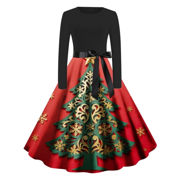 Women's Christmas Dresses Vintage Long Sleeve Pleated Prom Hepburn Dresses with Belt Winter Party Cocktail Dress