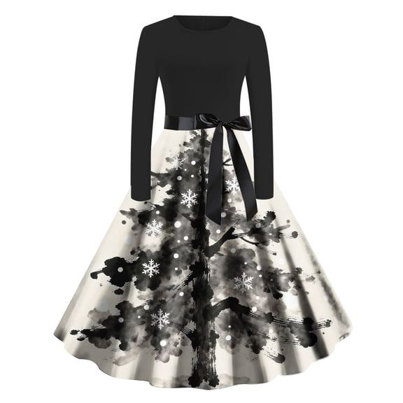 Women's Christmas Dresses Vintage Long Sleeve Pleated Prom Hepburn Dresses with Belt Winter Party Cocktail Dress