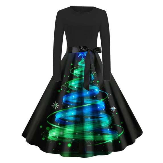 Women's Christmas Dresses Vintage Long Sleeve Pleated Prom Hepburn Dresses with Belt Winter Party Cocktail Dress